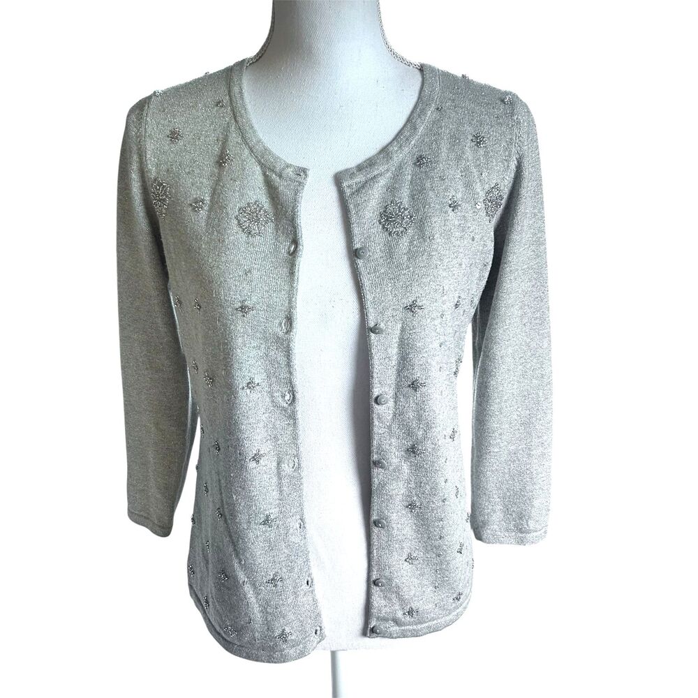Ann Taylor Cardigan XS Silver Metallic Beaded Button Front Sweater Hong Kong